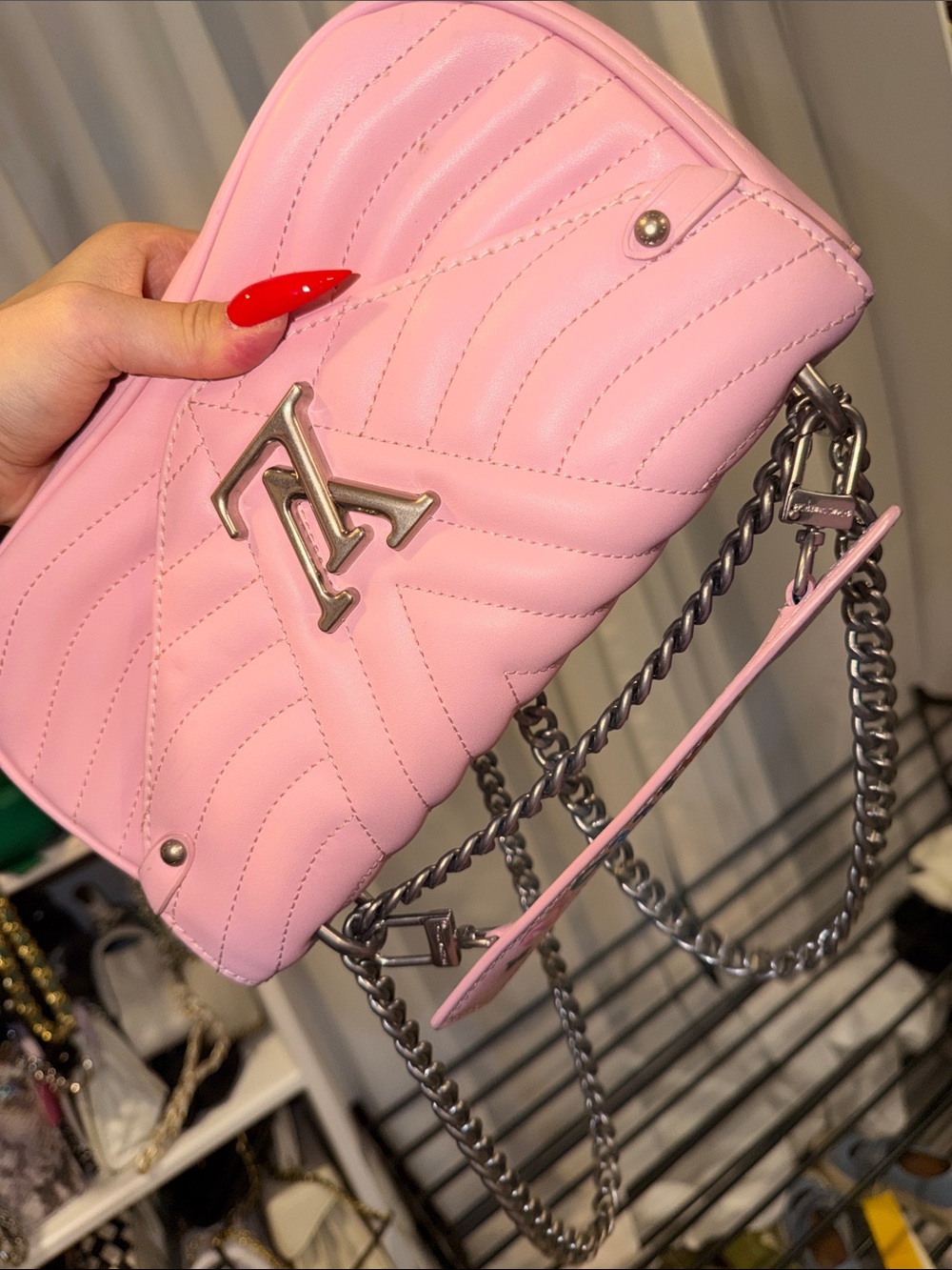 Pink Quilted Chain Shoulder Bag with Silver Hardware